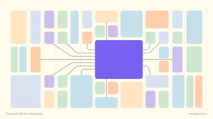 Abstract Pigment illustration of many small rounded app tiles in peach, lavender, mint and sky blue converging on one larger violet tile, on a warm cream background.