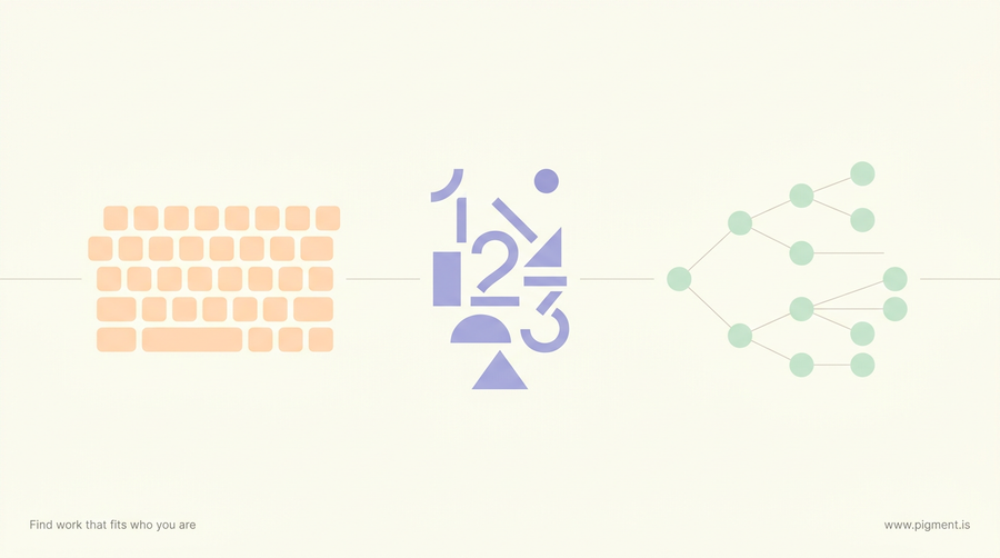 Abstract Pigment hero in peach, lavender, and mint on cream: a key grid, numeral shapes, and branching nodes, standing for free typing, math, and problem-solving skill tests.