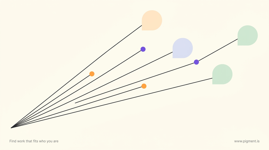 Abstract geometric composition in warm cream with peach, lavender and mint nodes, showing several graduate-degree paths fanning out from one starting point for a career changer.
