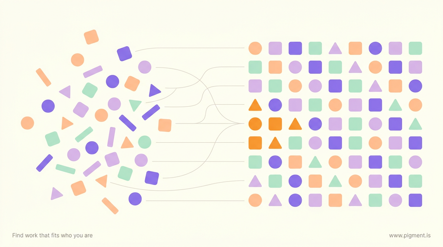 Abstract Pigment graphic of scattered geometric pieces rearranging into an ordered grid, illustrating the Arranger StrengthsFinder theme of coordinating many moving parts.