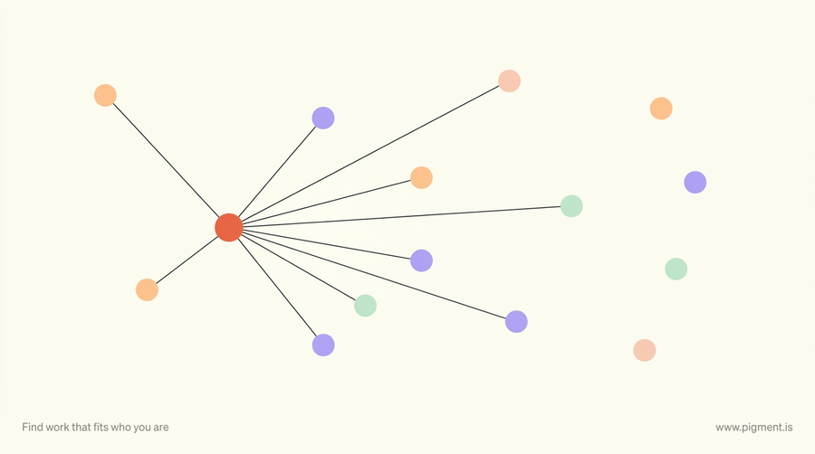 Abstract Pigment illustration of small colored dots linked by thin lines out from one coral dot, showing the Woo strength turning strangers into a connected network on a cream field.
