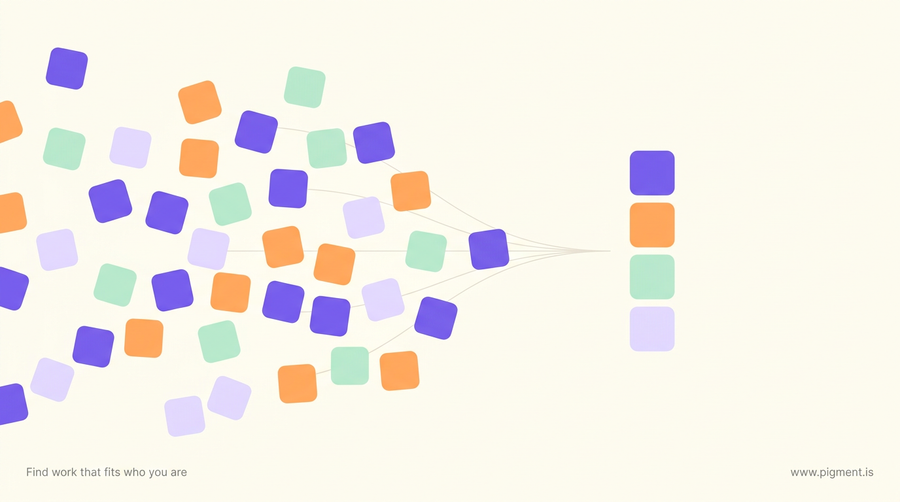 Abstract geometric composition of small rounded letter-tiles in peach, lavender, and mint arranged into a calm ordered grid on a warm cream background.
