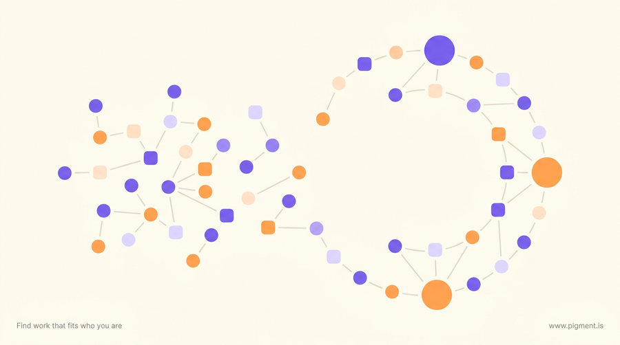 Abstract Pigment constellation of small violet and orange geometric nodes drifting from a scattered cluster into an organized arc, suggesting career options resolving into a direction that fits.