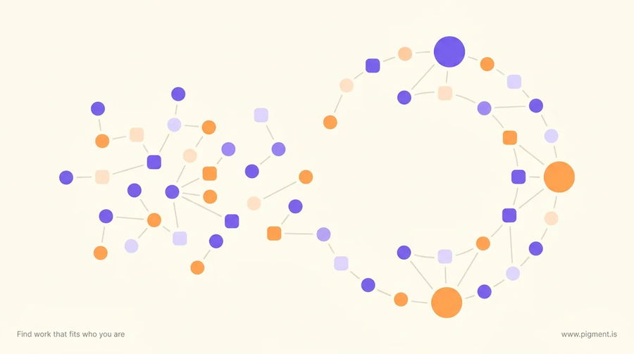 Abstract Pigment constellation of small violet and orange geometric nodes drifting from a scattered cluster into an organized arc, suggesting career options resolving into a direction that fits.