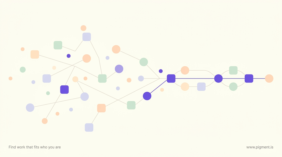 Abstract geometric composition in peach, lavender, and mint on warm cream, showing scattered small shapes gathering along a single path, evoking strengths converging into one career direction.
