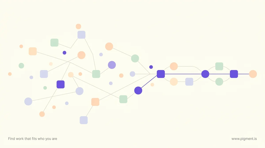 Abstract geometric composition in peach, lavender, and mint on warm cream, showing scattered small shapes gathering along a single path, evoking strengths converging into one career direction.