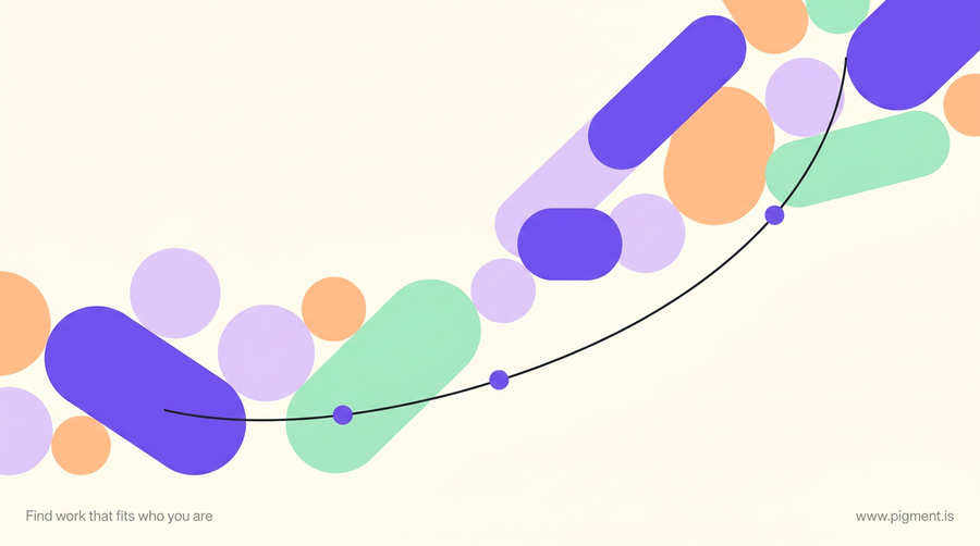 Abstract geometric hero in warm peach, lavender, and mint on cream, with overlapping rounded forms suggesting current, well-calibrated career aptitude tests.