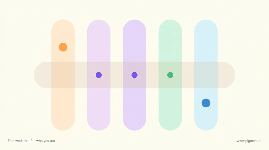 Abstract flat vector composition of five tall vertical columns in peach, lavender, lilac, mint and ice blue, each with a small saturated marker at a different height, crossed by one wide pale band across the middle on warm cream.