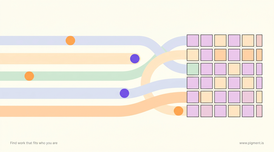 Abstract geometric hero for a Big 5 personality test vs MBTI comparison: five soft flowing horizontal spectrum bands on the left dissolving into a tight grid of small hard-edged squares on the right, in warm peach, lavender, and mint on a cream field