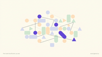 Abstract geometric hero for a Bloomberg Aptitude Test practice guide: peach, lavender and mint shapes drifting together on a warm cream background.