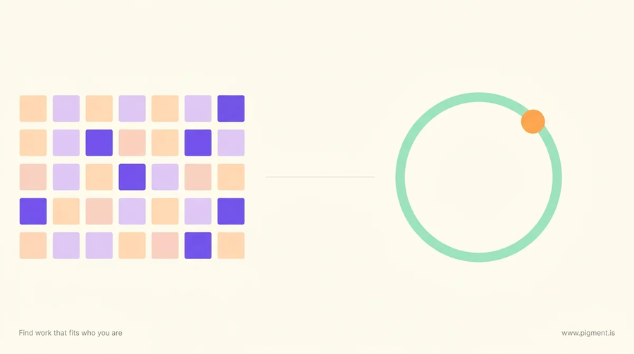 Abstract flat vector composition on warm cream: a dense grid of small peach and lavender squares beside a separate open mint ring, illustrating that BLS career test data and the free federal test sit apart.