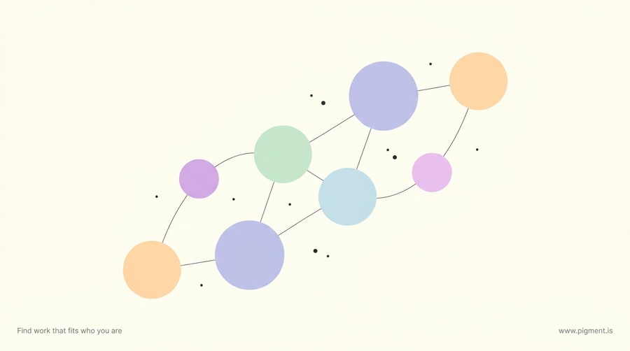 Abstract constellation of seven soft pastel circles on a cream background, loosely linked by thin lines, evoking the seven BTS members and their MBTI types in a compatibility read.