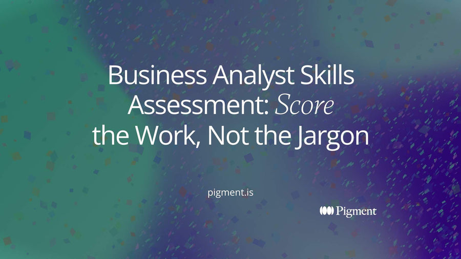 Abstract cover for a guide to the business analyst skills assessment: six colored shapes linked by thin lines, one set in the middle joining the rest.