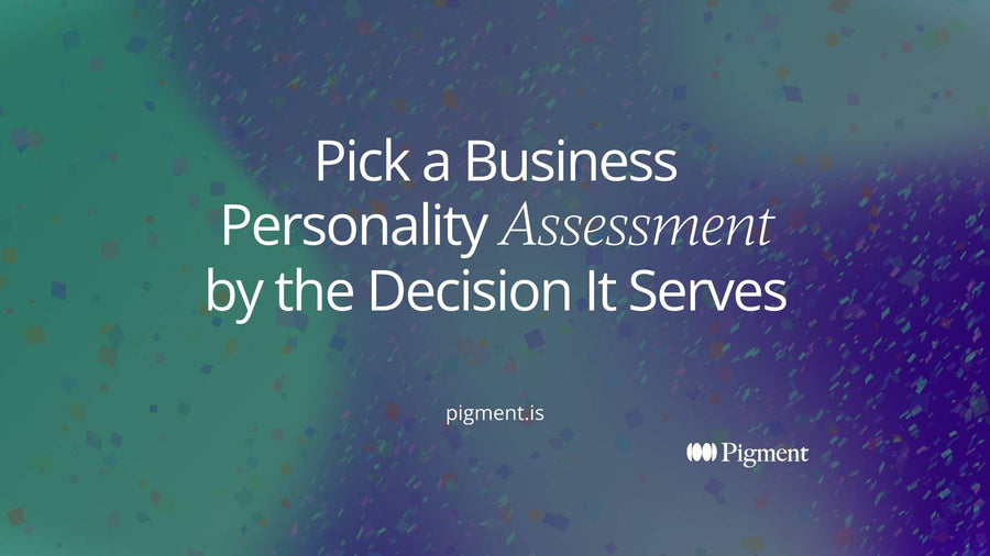 Abstract cover for a guide to choosing a business personality assessment: four soft geometric clusters in peach, lavender, mint and ice on cream, each linked to one point.