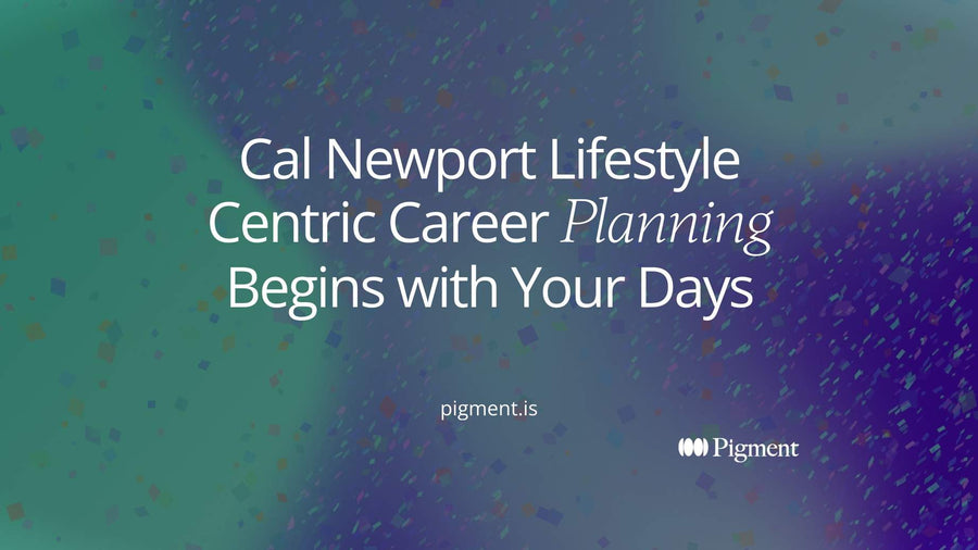 Abstract cover for Cal Newport lifestyle centric career planning: pastel blocks shaped like the hours of a day, with a thin line tracing back from them to one small violet block.