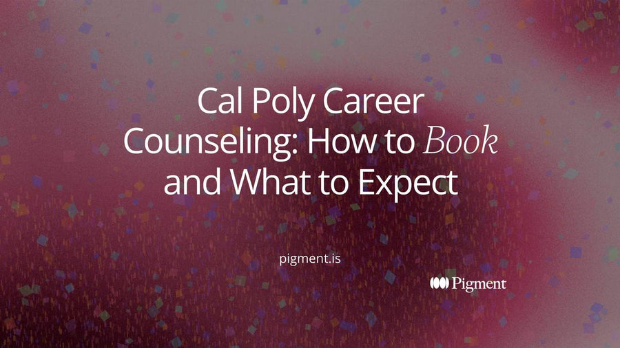 Abstract cover for a guide to Cal Poly career counseling: soft peach, lavender and mint shapes arranged like an open calendar on cream.