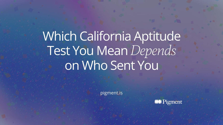 Abstract Pigment illustration of four colored lines entering from the left and converging on a single empty outlined circle, standing for four tests that share the name California aptitude test