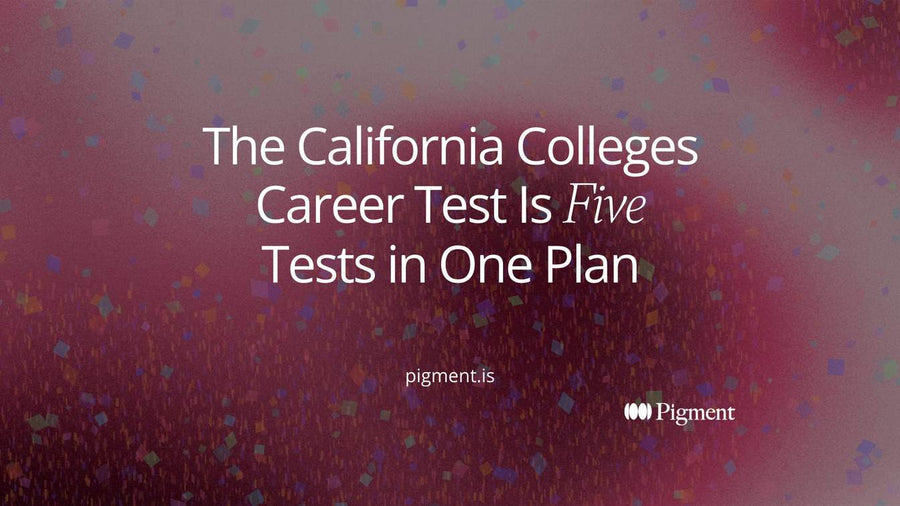 Abstract cover for the California colleges career test: five pastel circles in a row, their overlapping centers shaded darker, on cream