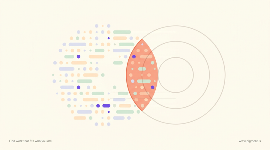 Abstract Pigment illustration for a Caliper personality assessment guide: a soft pastel cluster shaped like a person's profile overlapping a crisp outlined target ring, evoking a candidate measured against a model of a role.