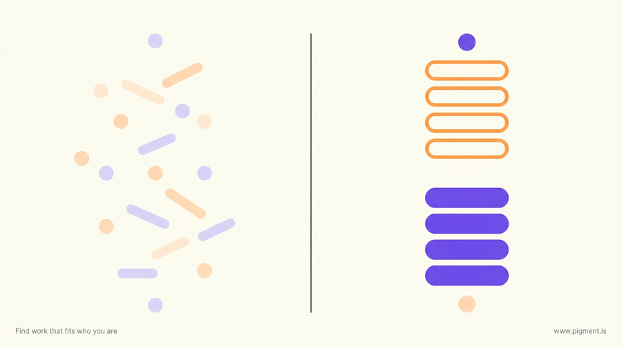 Abstract geometric composition for aptitude test calculator rules: scattered peach and lavender shapes on cream resolve past a thin dividing line into a stack of open orange outlines and a stack of solid violet forms