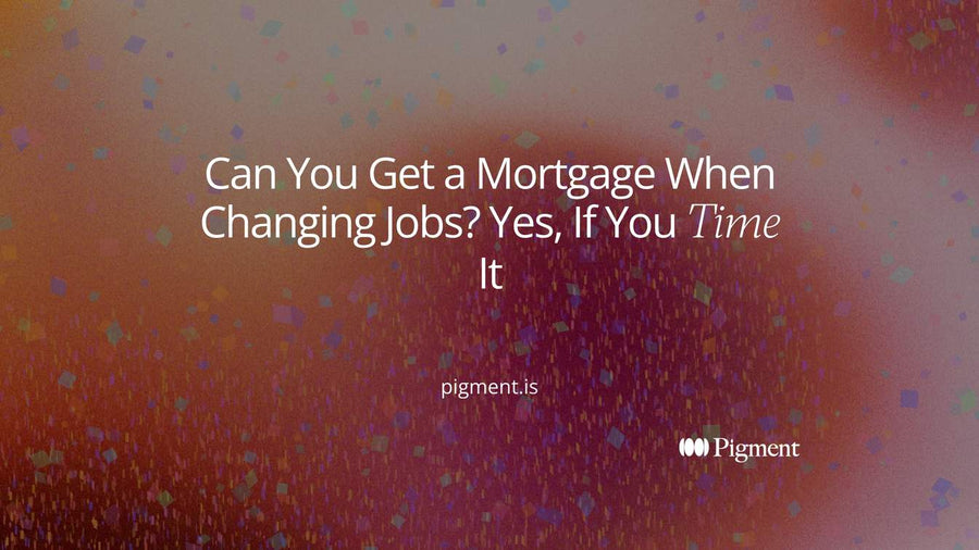 Abstract hero for can you get a mortgage when changing jobs: a row of five stepping blocks toward a house outline, with one block shifted to show timing.