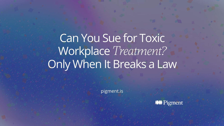 Abstract composition on cream: a field of pale squares with a thin line across it and a few violet squares above the line, for which toxic workplace problems cross into a lawsuit.