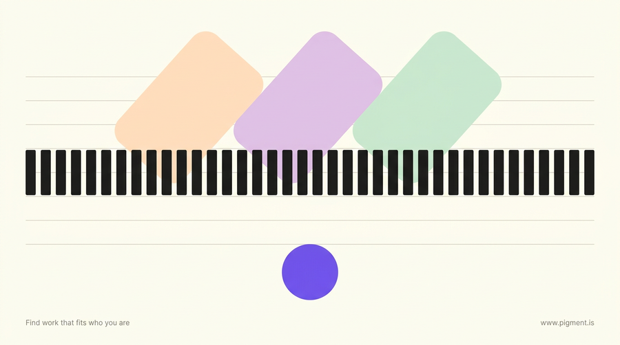 Abstract geometric opener for the IBEW aptitude test calculator rule: a long row of identical charcoal marks, soft peach, lavender and mint forms above, and one violet circle set apart on warm cream.