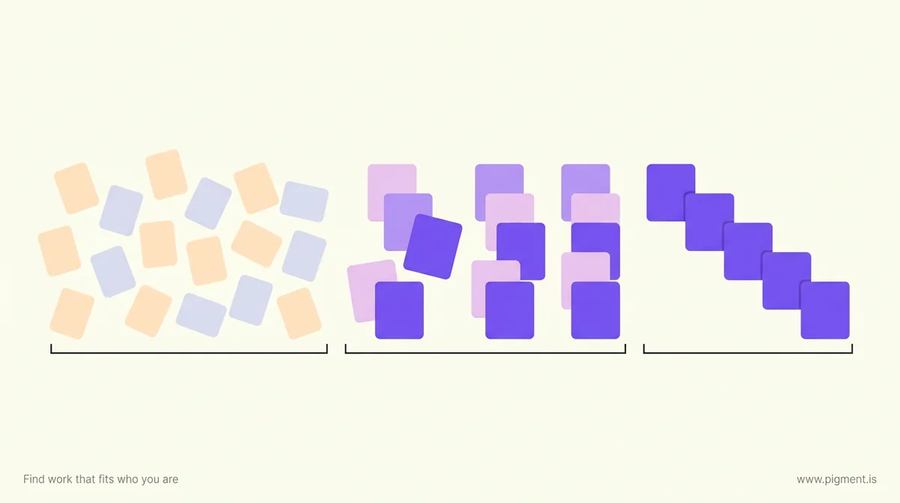 Abstract geometric composition of small rounded cards in peach, lavender, and violet drifting from a scattered field into three groups and finally into an ordered column of five, on warm cream