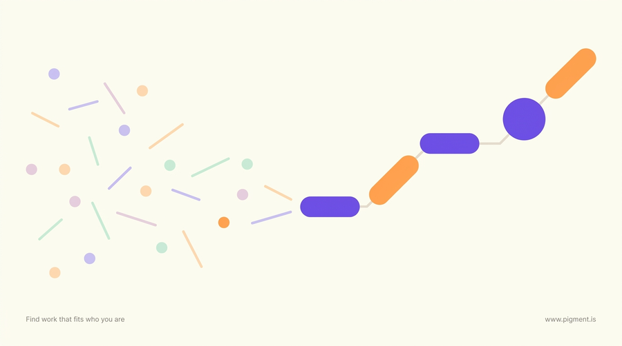 Abstract warm illustration: scattered lavender, peach, and mint shapes on the left resolve into one clear violet and orange path rising to the right, showing generic career advice narrowing into a fit.