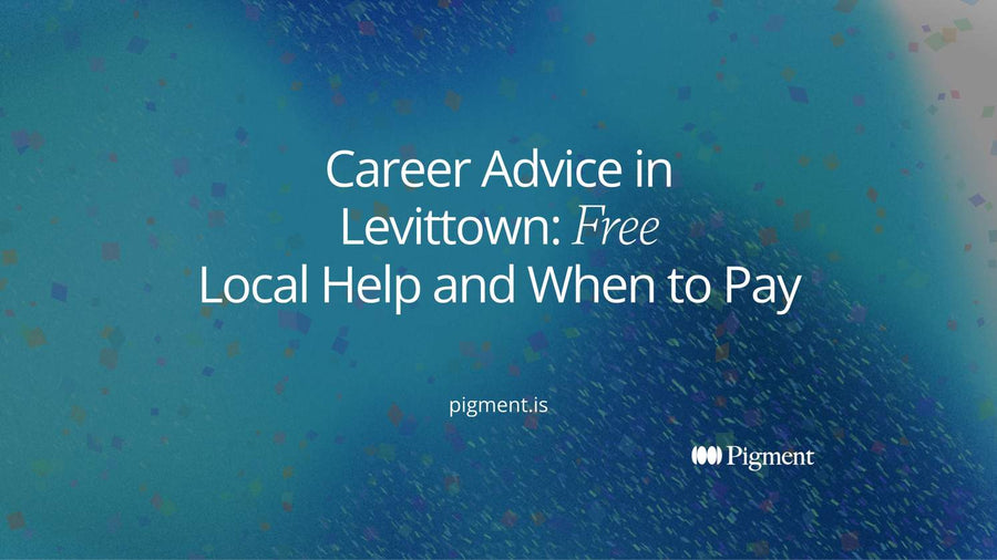 Abstract cover for career advice in Levittown: two soft clusters of shapes, one for free local job help and one for choosing a direction, joined by a thin line