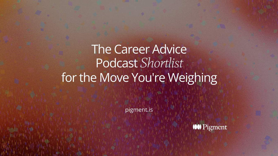Abstract Pigment-style composition on cream: four pastel rows of sound-wave bars, one picked out in violet, evoking choosing a career advice podcast for your next move.
