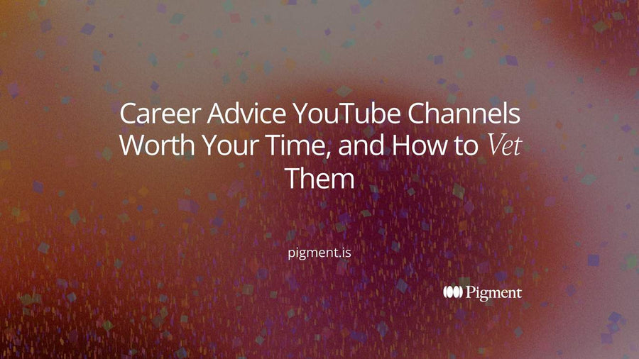 Abstract Pigment-style composition on cream: a grid of pastel rounded rectangles like video thumbnails, one picked out in violet, evoking choosing a career advice YouTube channel.
