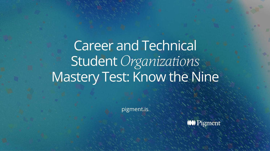 Abstract composition of nine rounded shapes in peach, lavender, mint, lilac and ice on cream, grouped into small clusters like career areas, for a career and technical student organizations mastery test guide
