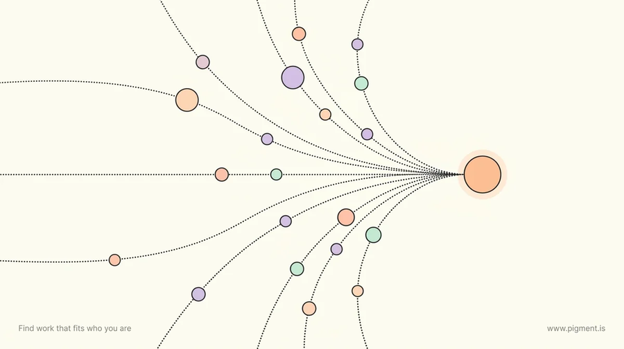 Abstract warm constellation of several small pathways in peach, lavender, and mint converging on one point on cream, evoking many career aptitude test options narrowing to a single career that fits