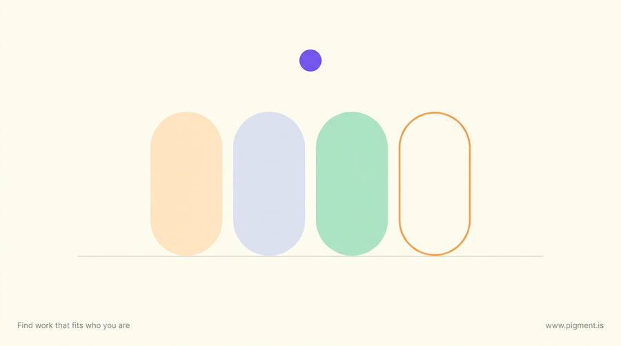 Abstract Pigment hero on warm cream: three filled rounded shapes in peach, lavender and mint beside a fourth drawn only as a thin empty outline, the measurement BYU's career aptitude tests leave open.