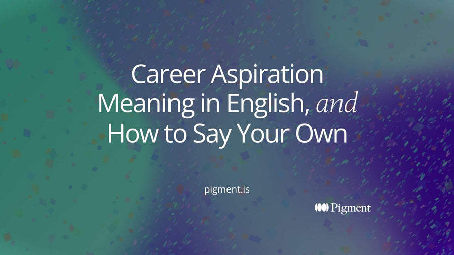 Abstract Pigment cover for career aspiration meaning in English: a small charcoal dot at lower left with a soft line rising toward a larger violet circle at upper right, among peach, lavender, and mint shapes.