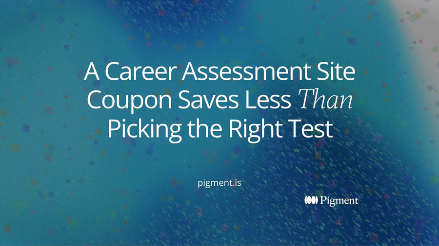 Abstract cover for a career assessment site coupon guide: a scatter of faint outlined price tags with one solid violet tag in focus, standing for the one code that checks out