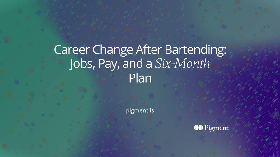 Abstract cover for a guide to a career change after bartending: one long horizontal bar line that splits into five soft geometric shapes for the directions bartenders move into
