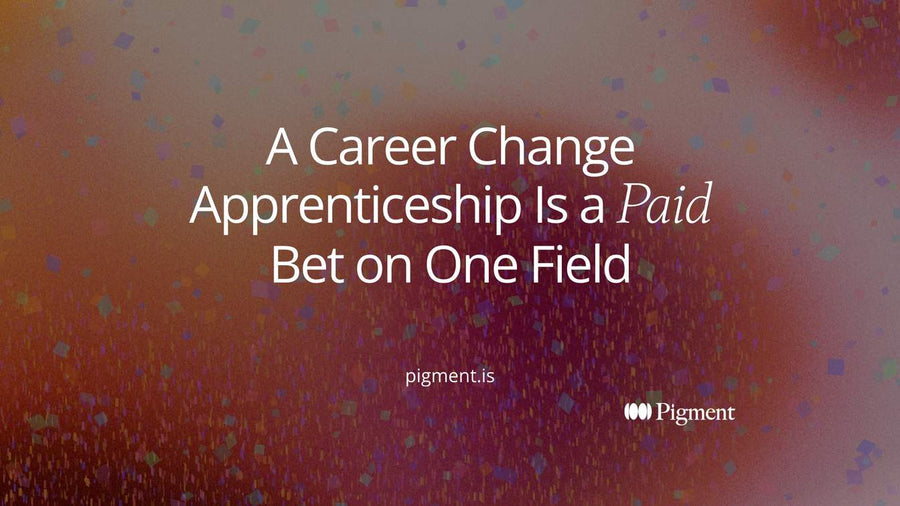 Abstract Pigment-style composition of pastel tiles on cream with one path climbing a stepped ladder toward a single chosen tile, evoking a career change apprenticeship as a paid bet on one field.