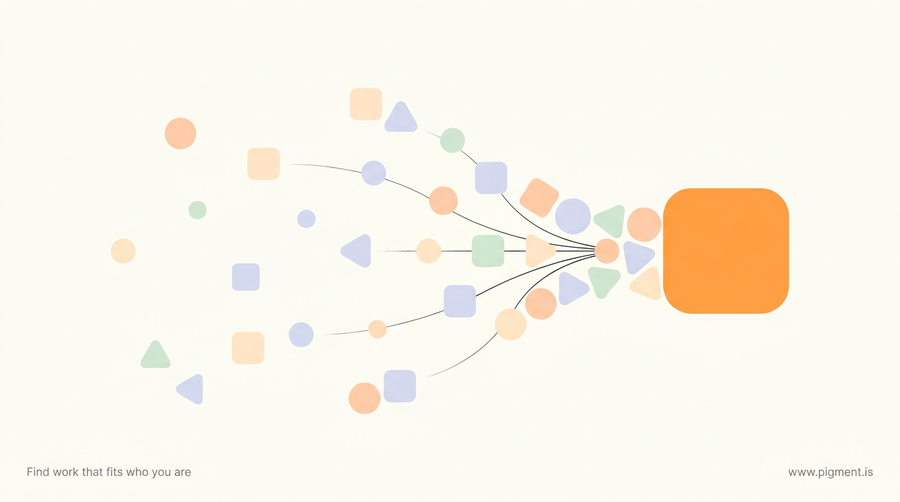 Abstract warm geometric composition on cream, small peach, lavender and mint shapes converging toward one brighter orange form, evoking career directions narrowing to the right fit at 30.