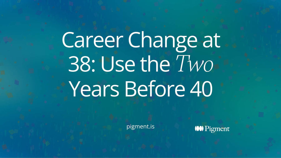 Cover for career change at 38: a long horizontal charcoal line with a small violet marker two steps before a taller peach post, and soft lavender and mint shapes stretching far ahead