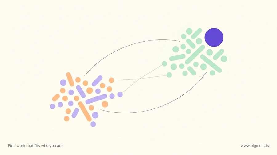 Abstract cream-toned constellation: scattered peach and lavender shapes on the left regather into a tighter mint and violet cluster on the right, an image of a career change at 50 resolving into a clearer path.