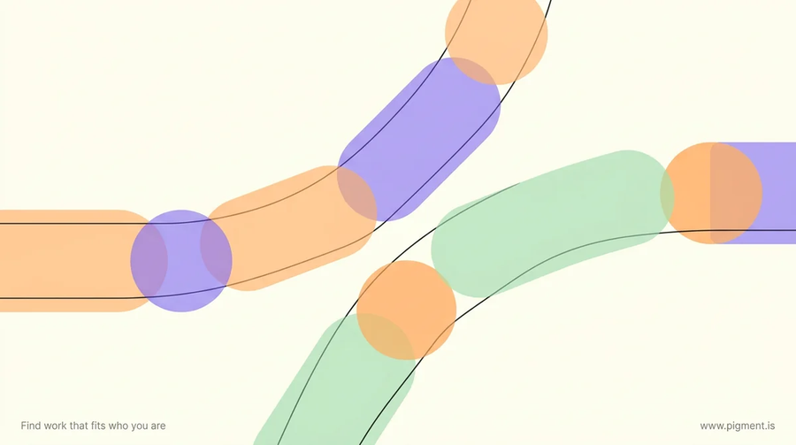 Abstract warm geometric composition in peach, lavender, and mint suggesting a second career path curving upward into teaching
