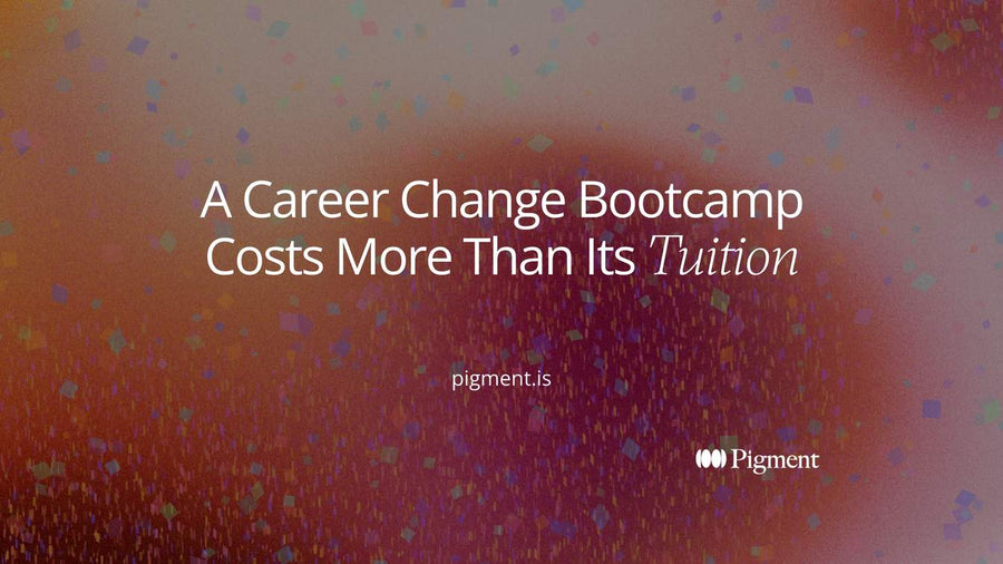 Abstract cover for a career change bootcamp article: a small violet block of tuition resting on a much larger stack of pale blocks for lost pay and search time