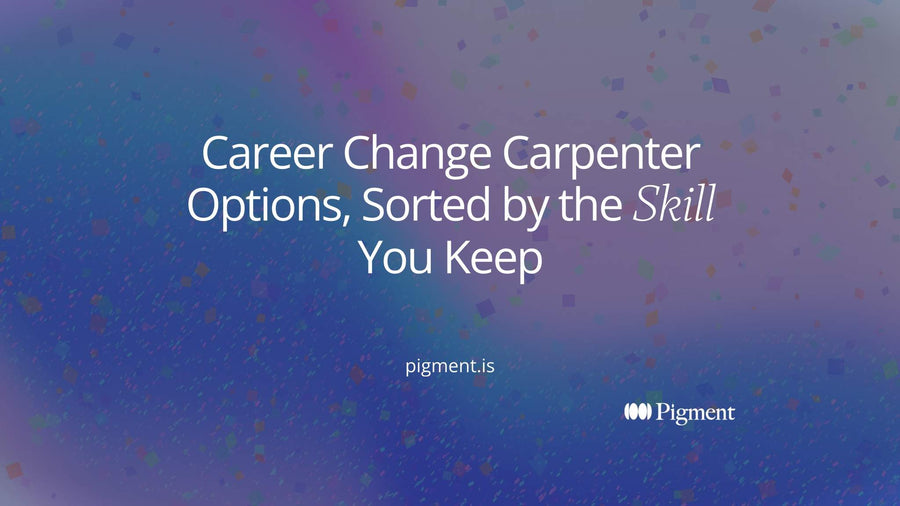 Cover for a career change carpenter guide: three charcoal paths branching from one peach block toward lavender, mint and ice shapes, one path for each skill a carpenter keeps