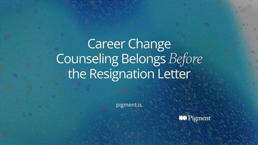 Abstract composition of one path splitting into several soft shapes, one highlighted, for an article on career change counseling and choosing the next field before you quit.