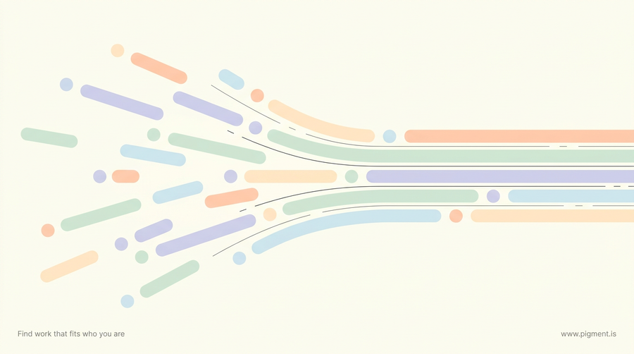 Abstract warm geometric composition: scattered rounded shapes in peach, lavender, and mint drifting on the left and resolving into one aligned channel on the right, on a cream field, evoking choosing a career direction before a course