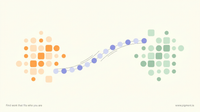 Abstract Pigment illustration of a career change as a bridge: a peach cluster on the left and a mint cluster on the right, joined by a rising lavender arc of small circles on cream.