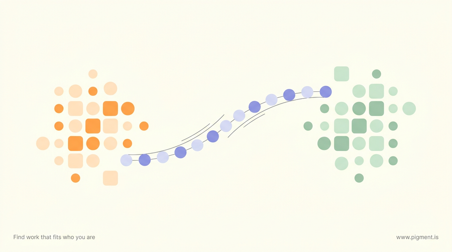 Abstract Pigment illustration of a career change as a bridge: a peach cluster on the left and a mint cluster on the right, joined by a rising lavender arc of small circles on cream.