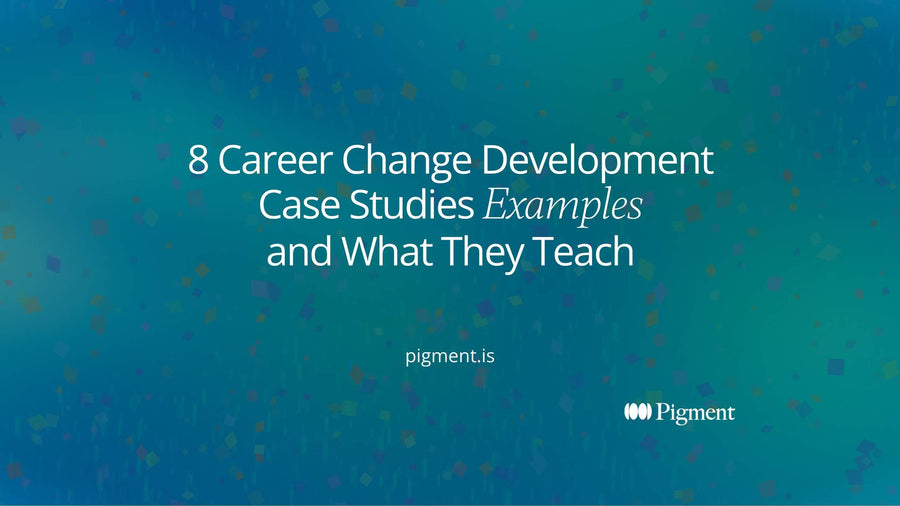 Abstract composition on warm cream: eight small paths start at a shared line and bend in different directions, a picture of career change development case studies examples